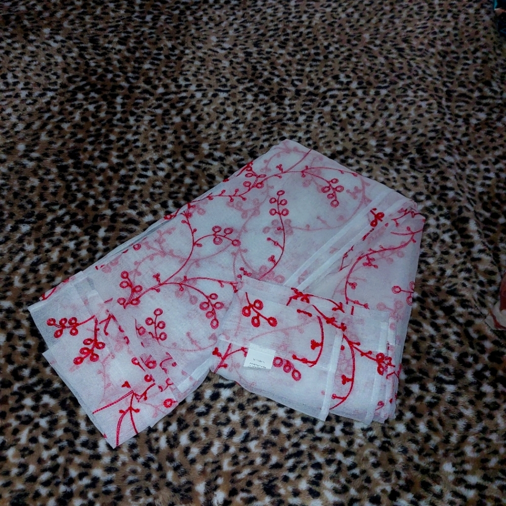 Transparents Curtains with Red Broidery Details Set of 2 Panels.